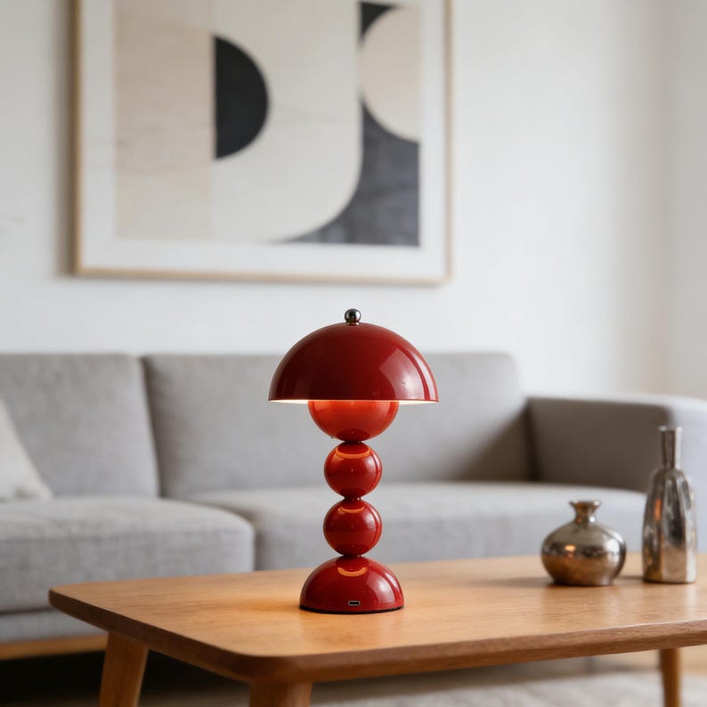 May include: A red table lamp with a glossy finish. The lamp has a rounded shade and a stacked sphere design. The lamp is on a wooden table in a living room setting. The lamp is approximately 12 inches tall.