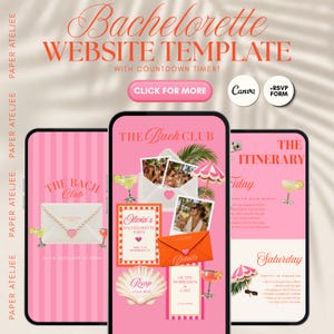 May include: A digital bachelorette website template displayed on three smartphone screens. The pink-themed interface features text including Bachelorette Website Template, The Bach Club, The Itinerary, and RSVP, with graphics of envelopes, cocktails, seashells, and palm trees.