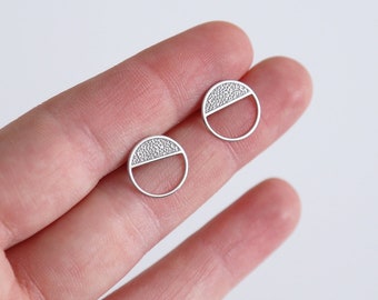 Sterling Silver tiny hoop studs with textured half circle - platinum plated