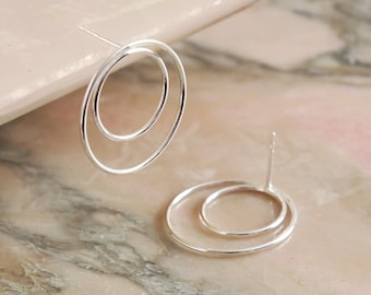 Sterling silver double hoop stud earrings, fashionista gift