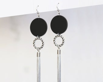 Long dangly tassel statement earrings silver tone Art Deco inspired - available with sterling silver ear wire