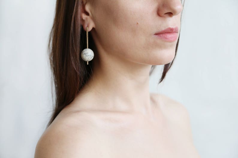 Marble and bronze bar and sphere earrings with sterling silver posts image 2