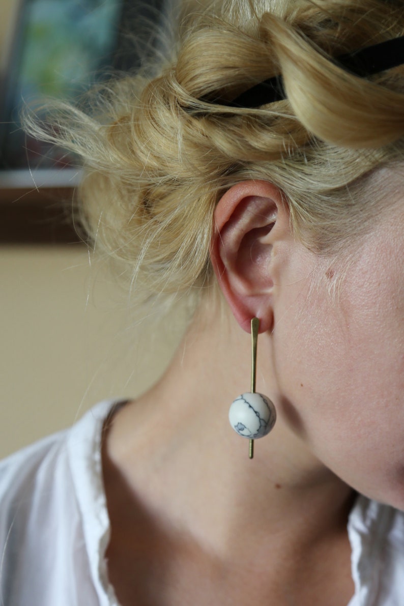 Marble and bronze bar and sphere earrings with sterling silver posts image 4