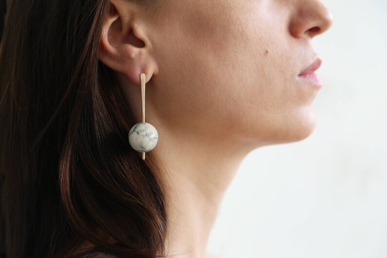 Marble and bronze bar and sphere earrings with sterling silver posts image 1