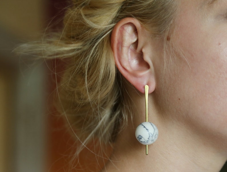 Marble and bronze bar and sphere earrings with sterling silver posts image 5