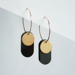Dangle brass and acrylic hoop earrings - gold eclipse black oval earrings - brass jewelry - gold hoops - laser cut jewelry - black earrings