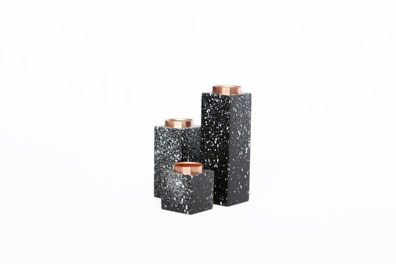 Geometric Candle Holder Set of 3 Black Speckled Candle Stick Etsy