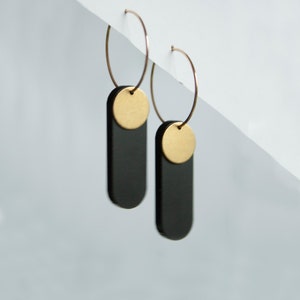 Dangly brass and laser cut acrylic earrings - long hoop earrings - black gold dangle earrings - statement jewelry - gift box included
