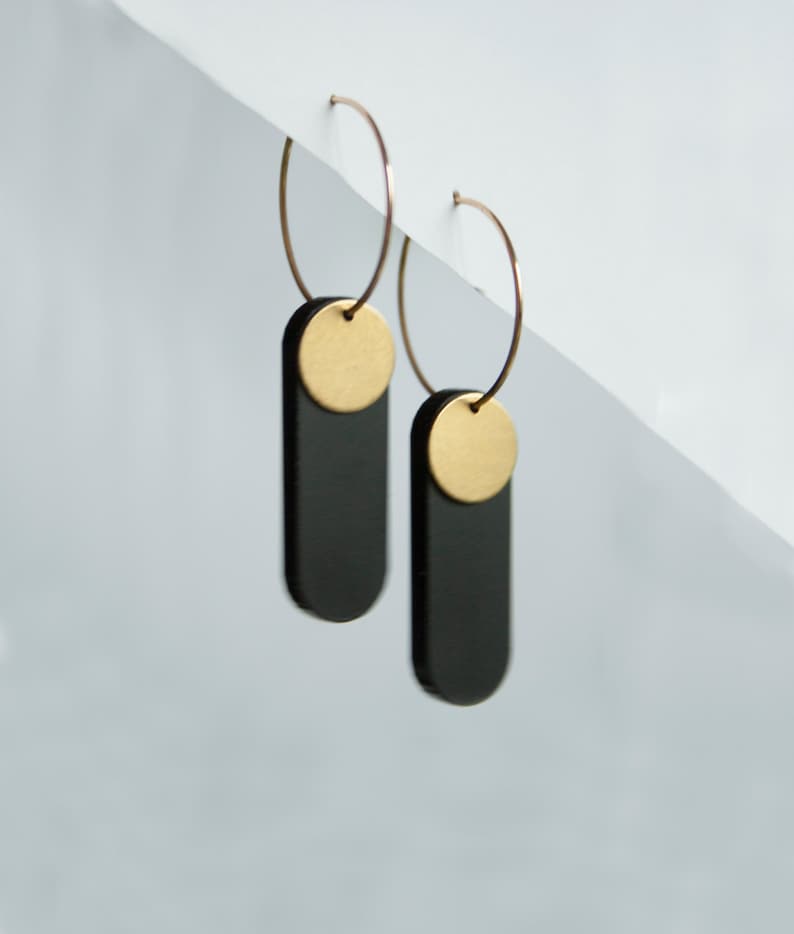 Dangly brass and laser cut acrylic earrings long hoop earrings black gold dangle earrings statement jewelry gift box included image 1