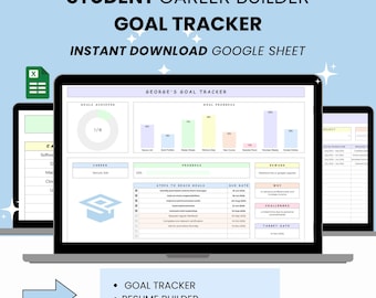 Plantilla de Google Sheets para el desarrollo profesional estudiantil, seguimiento de objetivos, creador de currículums, seguimiento de solicitudes de prácticas laborales