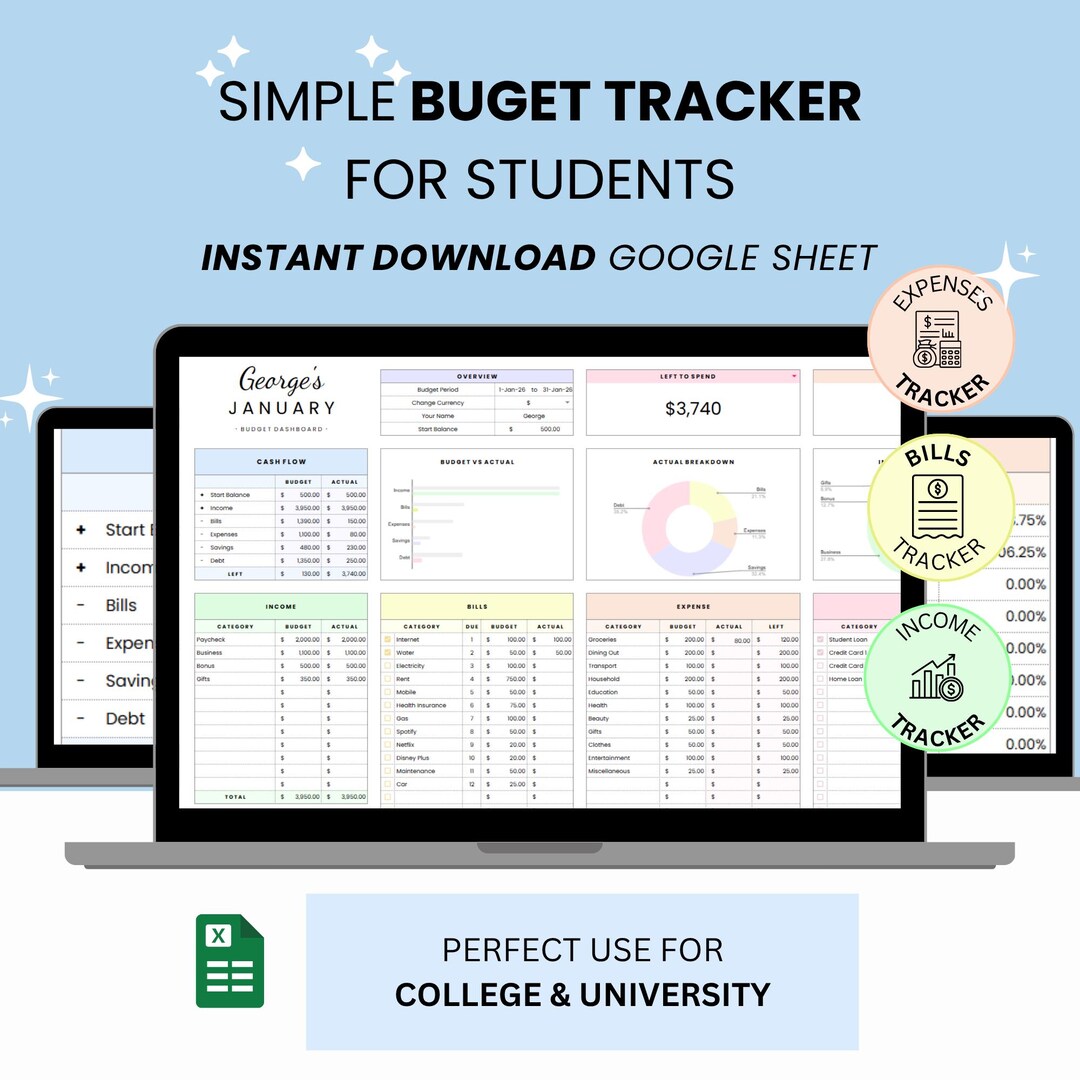 Student Budget Tracker Google Sheets Template, College Expense Planner ...