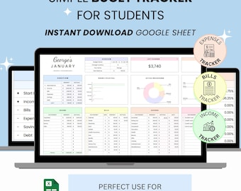 Plantilla de Google Sheets para el seguimiento del presupuesto estudiantil, planificador de gastos universitarios, seguimiento financiero, hoja de cálculo para la gestión del dinero, descarga digital.