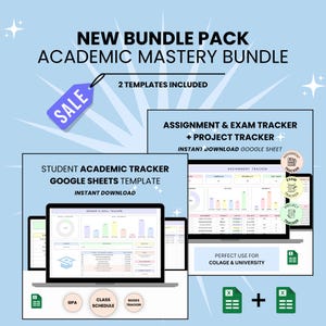 Op de afbeelding: Een digitaal productpakket met de tekst "NEW BUNDLE PACK ACADEMIC MASTERY BUNDLE" en een "SALE"-tag. De bundel bevat twee Google Sheets-sjablonen: een studentenacademietracker en een opdrachten- en examentracker. Laptops tonen de sjablonen.
