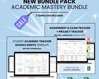 Paquete académico para estudiantes: Plantillas de Google Sheets, Seguimiento de tareas, Seguimiento de exámenes, Horario de clases, Seguimiento de promedio de calificaciones (GPA), Seguimiento de asistencia.