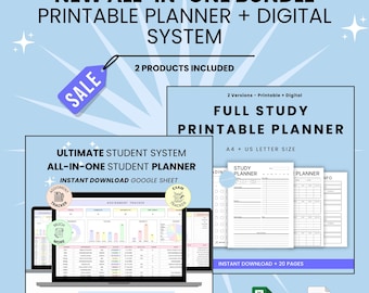 Paquete completo de sistema de planificación estudiantil Plantilla de Google Sheets Planificador de estudio imprimible Organizador académico Rastreador de productividad Tamaño A4 Carta de EE. UU.