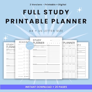 Könnte beinhalten: Ein digitales Studienplaner-Set mit mehreren weißen Seiten, schwarzem Text und Linien, inklusive Abschnitten für Lektüre, Fristen und Zeitpläne. Der Text lautet FULL STUDY PRINTABLE PLANNER, A4 + US LETTER SIZE und INSTANT DOWNLOAD + 20 PAGES.