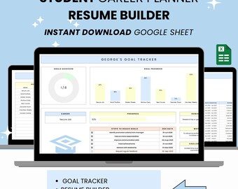 Planificador de carrera estudiantil Plantilla de Google Sheets Seguimiento de objetivos Creador de currículums Seguimiento de empleos y pasantías Herramienta de productividad