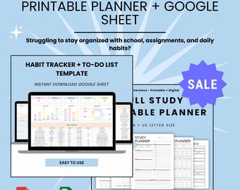 Paquete de productividad estudiantil: Planificador de estudio imprimible en PDF, Hojas de cálculo de Google, Rastreador de hábitos, Plantilla de lista de tareas (descarga digital)