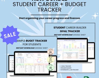 Paquete de plantillas de Google Sheets para seguimiento de carrera y presupuesto estudiantil, seguimiento de objetivos, creador de currículums, seguimiento de prácticas laborales