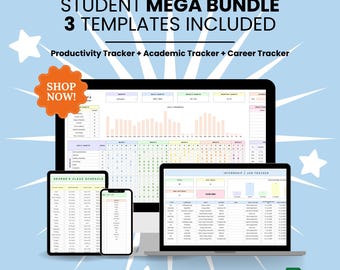 Paquete completo para la vida estudiantil: Plantillas de Google Sheets, Rastreador de productividad, Rastreador académico, Rastreador de carrera, Sistema todo en uno.