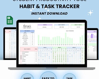 Planificador de productividad estudiantil, plantilla de Google Sheets, rastreador de hábitos, gestor de tareas diarias, organizador de listas de tareas (descarga digital)
