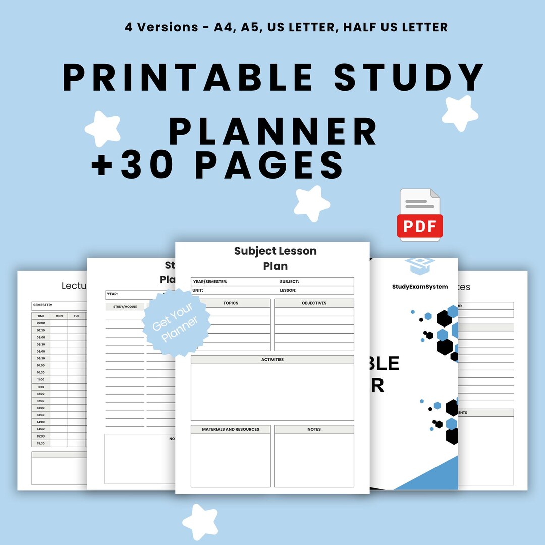 Printable Study Planner PDF Student Planner Academic Organizer 30 ...