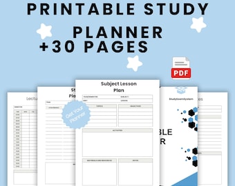 Planificador de estudio imprimible en PDF, organizador académico para estudiantes, más de 30 páginas, tamaños A4, A5, Carta estadounidense y Media Carta. Descarga instantánea.
