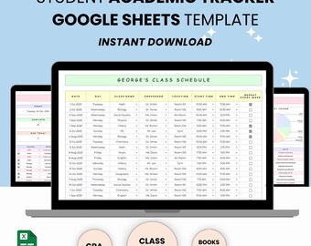 Plantilla de Google Sheets para el seguimiento académico del estudiante: Horario de clases, Seguimiento de asistencia, Seguimiento del promedio de calificaciones (GPA), Seguimiento de libros.
