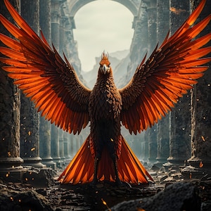 May include: A majestic phoenix with fiery orange wings and a brown body stands in a classical setting. The bird's wings are fully spread, showcasing intricate feather details. The background features ancient columns and an archway, creating a dramatic scene.
