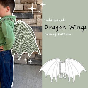 May include: A child wearing green and white checked dragon wings. The wings are attached to a green hoodie. The image includes the text "Toddler/Kids Dragon Wings Sewing Pattern".
