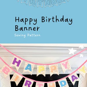 May include: A handmade "Happy Birthday" banner with colorful letters on a cream-colored background. The banner is strung on a pink ribbon and displayed above a fireplace. The image also includes the text "Happy Birthday Banner Sewing Pattern".