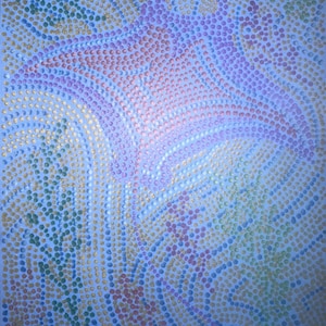 May include: Abstract artwork with a light blue backdrop, covered in small, colourful dots. The dots are arranged in curved lines and clusters, creating a sense of movement and depth. Colours include pink, gold, green, and blue.