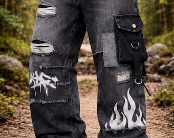 Spodnie jeansowe męskie Baggy Distressed Cargo: Graffiti Flame Print Urban Streetwear