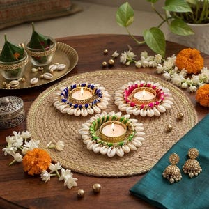May include: Three circular candle holders decorated with white cowrie shells and vibrant blue, pink, and green thread, each containing a lit tea light candle. The set is arranged on a round woven jute mat alongside loose white jasmine and orange marigold flowers.