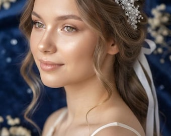 White Pearl Bridal Headband, Wedding Hair Vine, Pearl Halo Crown, Bridal Headpiece, Flower Girl Crown, Bridal Hair Accessory