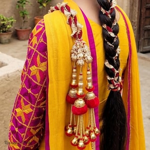 Punjabi red hair dori gota lace jewelry, handmade potli tassel parandha, handmade bridal braid accessory