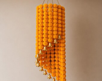 Handmade Marigold Chandelier Jhoomar, Indian Mehndi Haldi Ceiling Decoration, Floral Garland Hanging with Bells