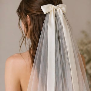 Bridal Bow Veil Hair Clip, Satin Ribbon Bow, Wedding Hair Accessory, Tulle Veil Hairpiece, Bride Headpiece