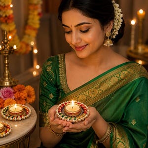 May include: A round decorative diya lamp holder featuring a central candle surrounded by red and green fabric trim and a border of white pearls. The holder is held in cupped hands, with a matching lamp holder visible on a nearby table surface.