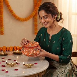 May include: A round, orange fabric container with intricate gold embroidery and a matching lid. The container features a textured surface with floral patterns and is held by a person wearing a dark green long-sleeved top with gold accents.