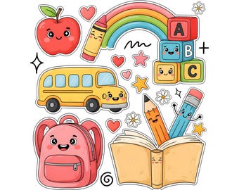 Kindergarten Back To School Design, Kawaii Supplies Clipart, Preschool Shirt Graphic Download