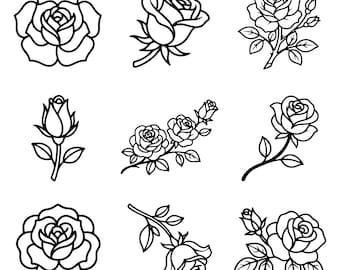 Rose Flower SVG Bundle, Botanical Line Art Clipart, Floral Cut File, Cricut