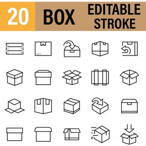 May include: A collection of 20 black line art icons depicting various box styles and shipping actions, arranged in a grid. The top header displays the text 20 BOX EDITABLE STROKE in black and white, featuring diverse box shapes and orientations.