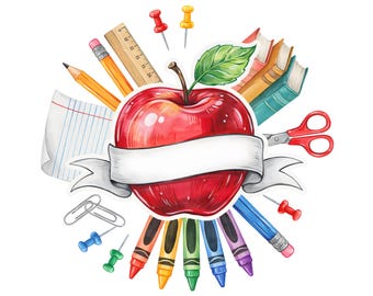 Personalized Teacher PNG | Apple & Books Clipart | School Supplies Design