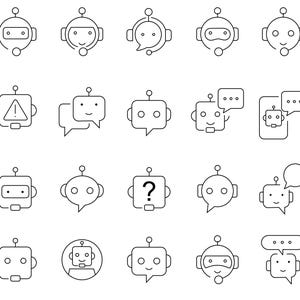 May include: A collection of twenty black and white line art icons featuring various robot heads, speech bubbles, and communication symbols. The designs include square and circular robot faces, some with antennas, exclamation marks, or question marks.