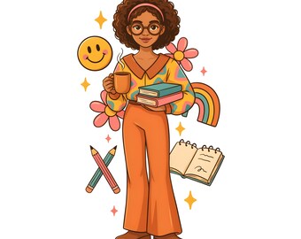 Professeur rétro groovy PNG | Clipart professeur des années 70 | Illustration bohème de la salle de classe | Retour à l'école