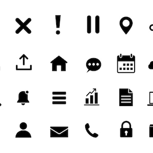 May include: A collection of twenty-four black digital interface icons arranged in a grid. The set includes symbols for a dollar sign, multiplication, exclamation, pause, location pin, key, download, upload, house, chat bubble, calendar, cloud, and search.