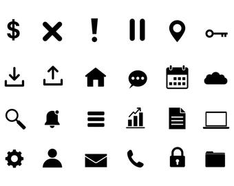 Conjunto de ícones de interface do usuário para aplicativos web (24 ícones nos formatos SVG, PNG, EPS, AI, PDF e DXF).