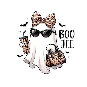 May include: A white ghost illustration wearing black sunglasses and a leopard print bow, holding a leopard print tumbler with a skull icon and a matching leopard print handbag. The text BOO JEE is printed in black next to small black bats and stars.