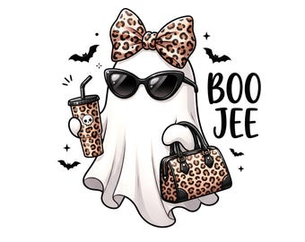Boo Jee Leopard Ghost PNG, Coquette Spooky Design, Coffee Girly Halloween Graphic, Spooky Season